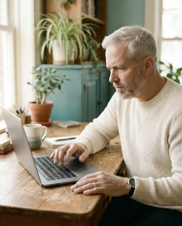 Man working attentively on a website at his laptop