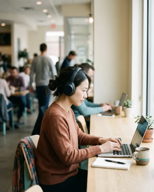 Woman with headphones working attentively in a busy café